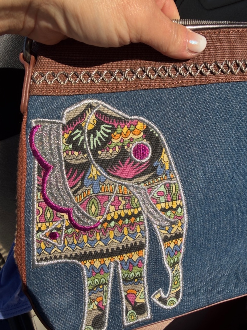 Sakroots Denim Crossbody – Embroidered Multicolor Elephant – Medium – Like New - Picture 3 of 5